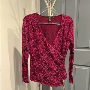 Alfani burgundy mesh lace Fitted Wrap Blouse with Long Sleeves